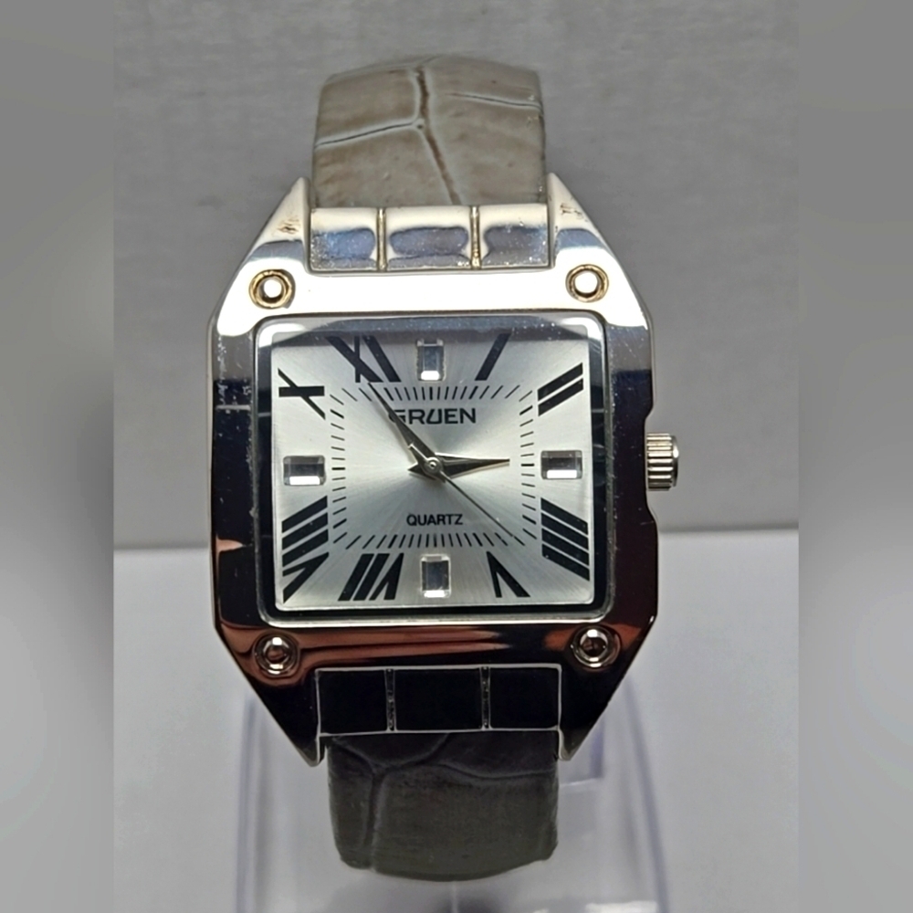 Womens Gruen Watch Silver Tone Rectangle Gray Hinged Open Cuff Band New Battery